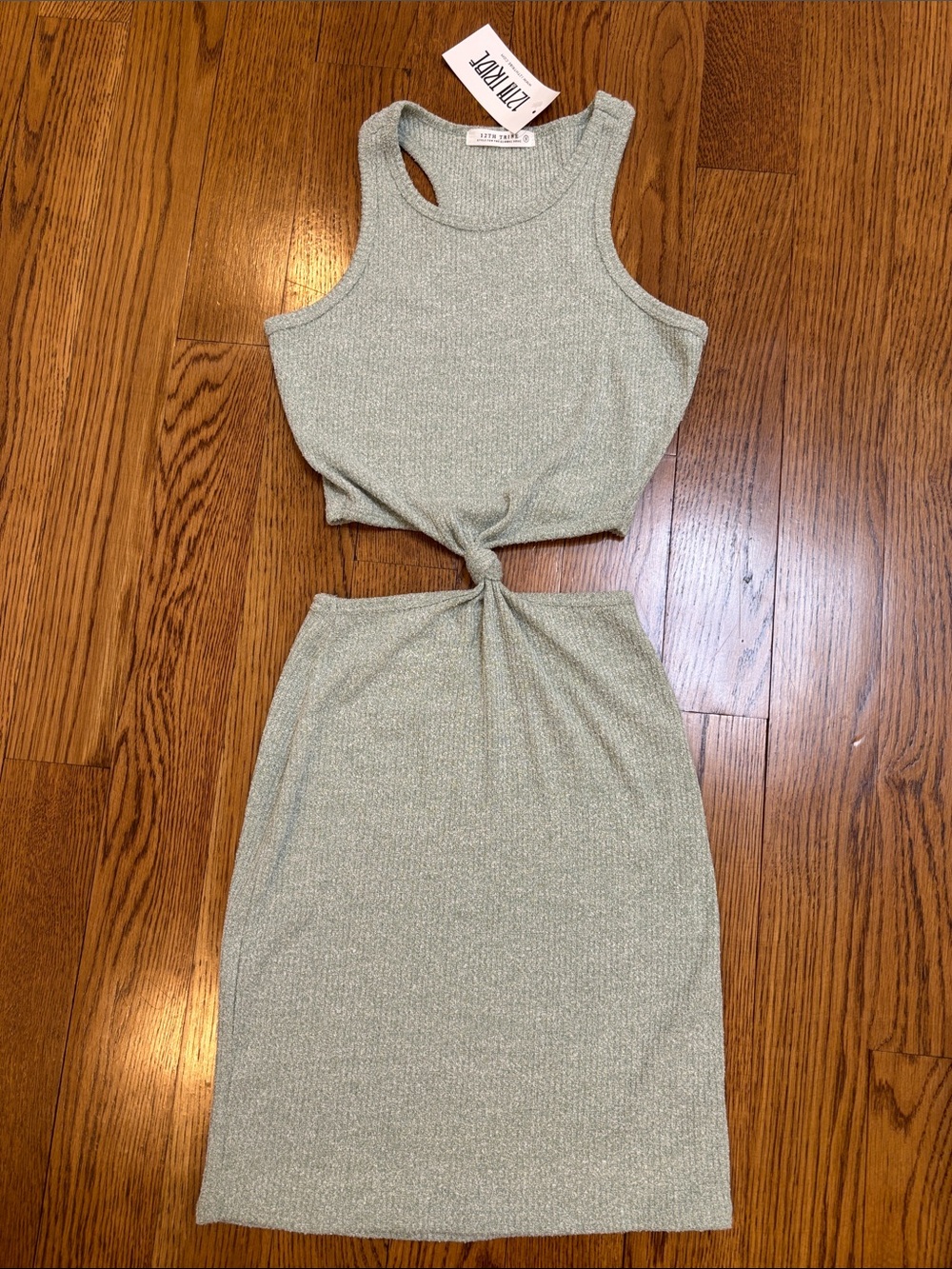 12th Tribe Sage Green Knit Twist Cutout Dress